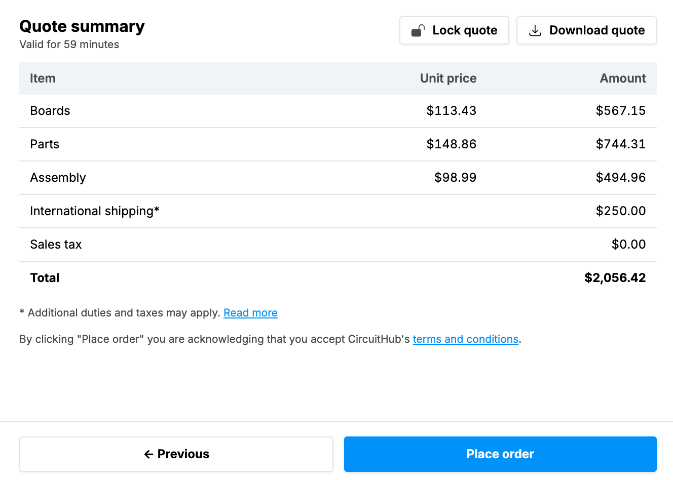 The quote summary during checkout, with Lock quote and Download quote actions.