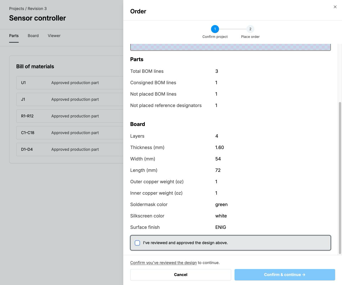 Confirm that you have reviewed and approved the design before continuing to checkout