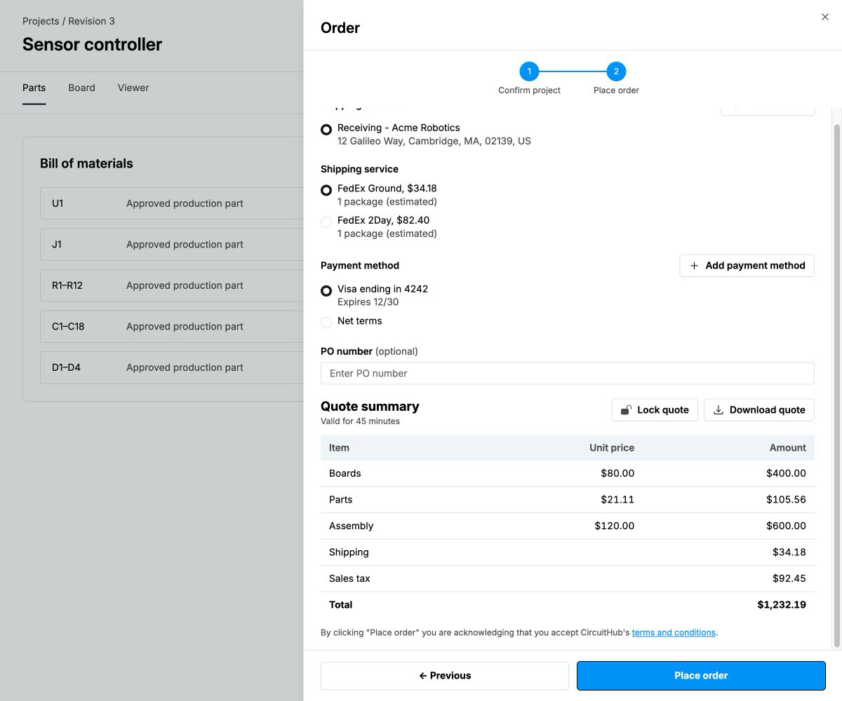 Checkout with shipping, payment, quote summary, and Place order