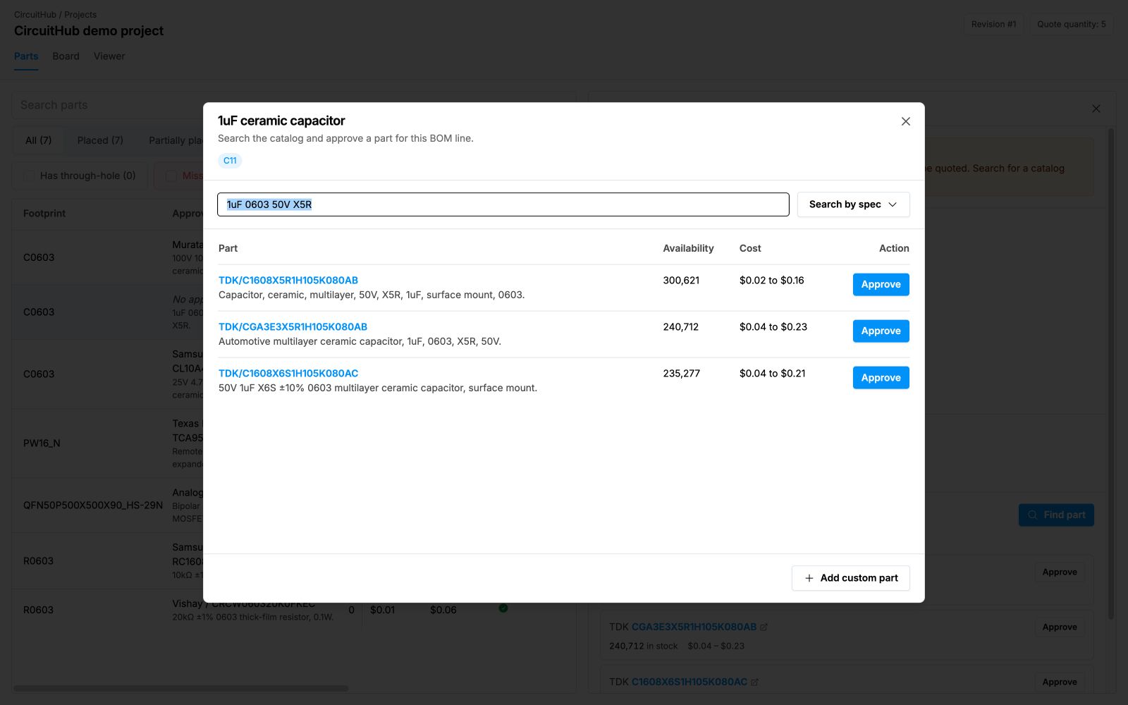The Find part dialog, where you can search the catalog or add a custom part.
