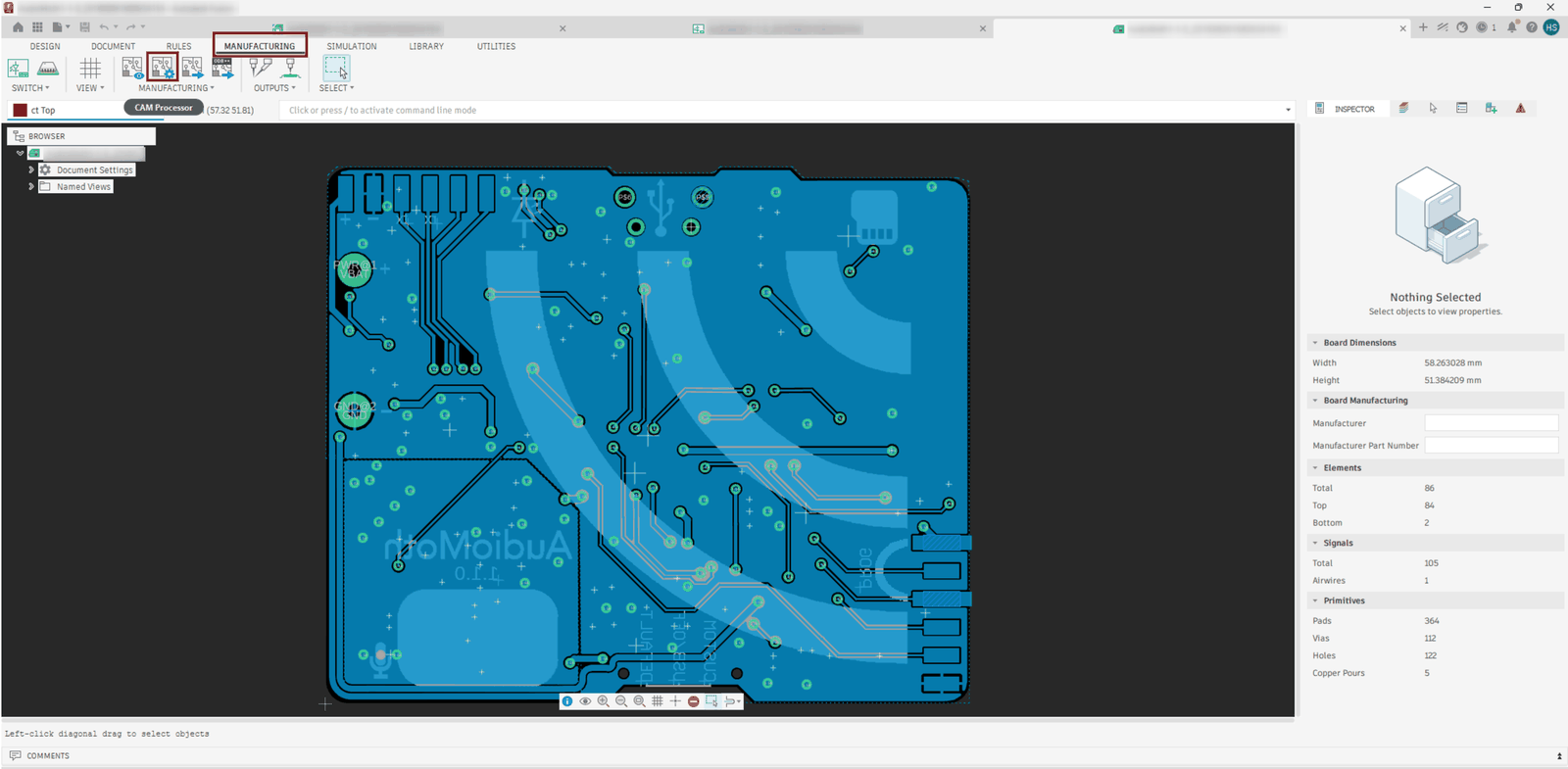 The CAM Processor command on the Manufacturing tab of the Fusion board editor