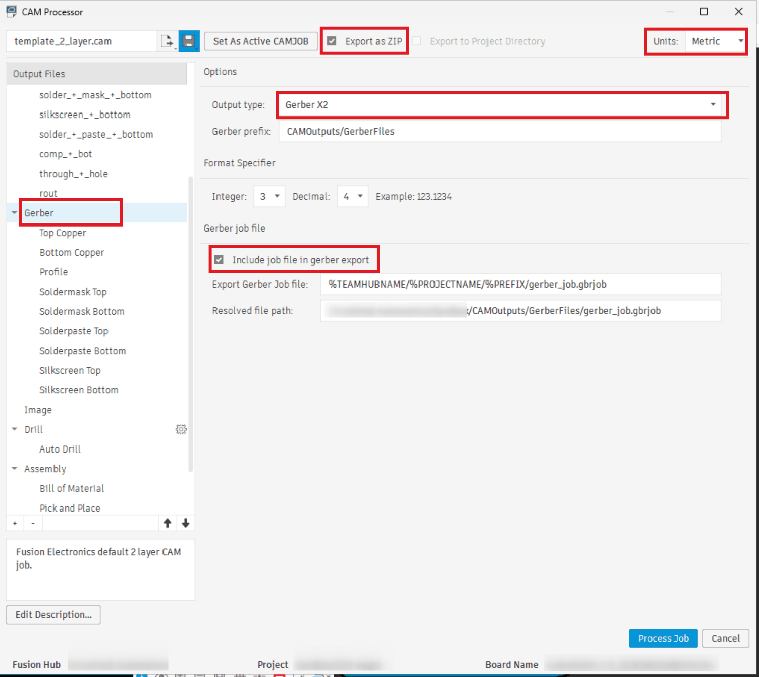 The CAM Processor dialog with Export as ZIP, Metric units, Gerber X2 output and the Gerber job file selected