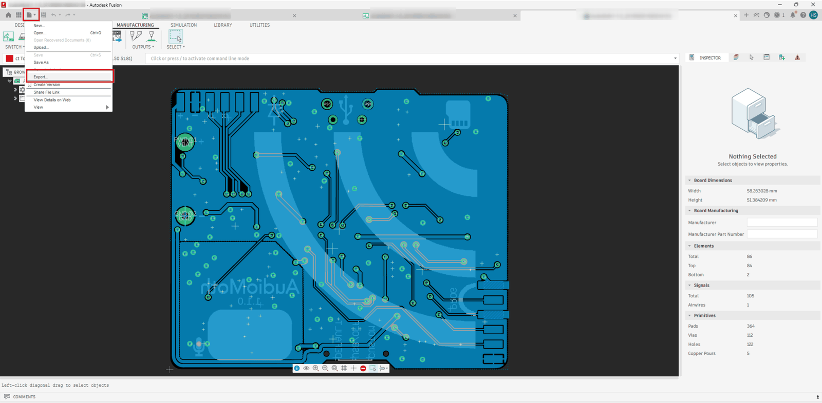 The Export command in the File menu of the Fusion board editor