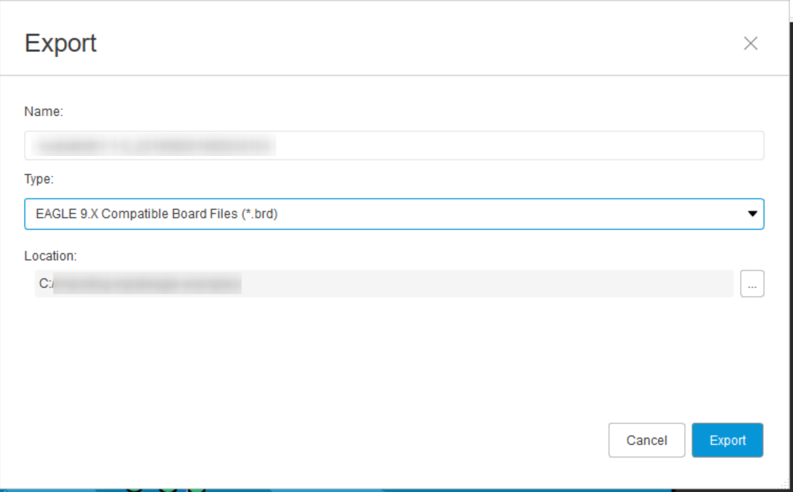 The Export dialog with EAGLE 9.X Compatible Board Files selected