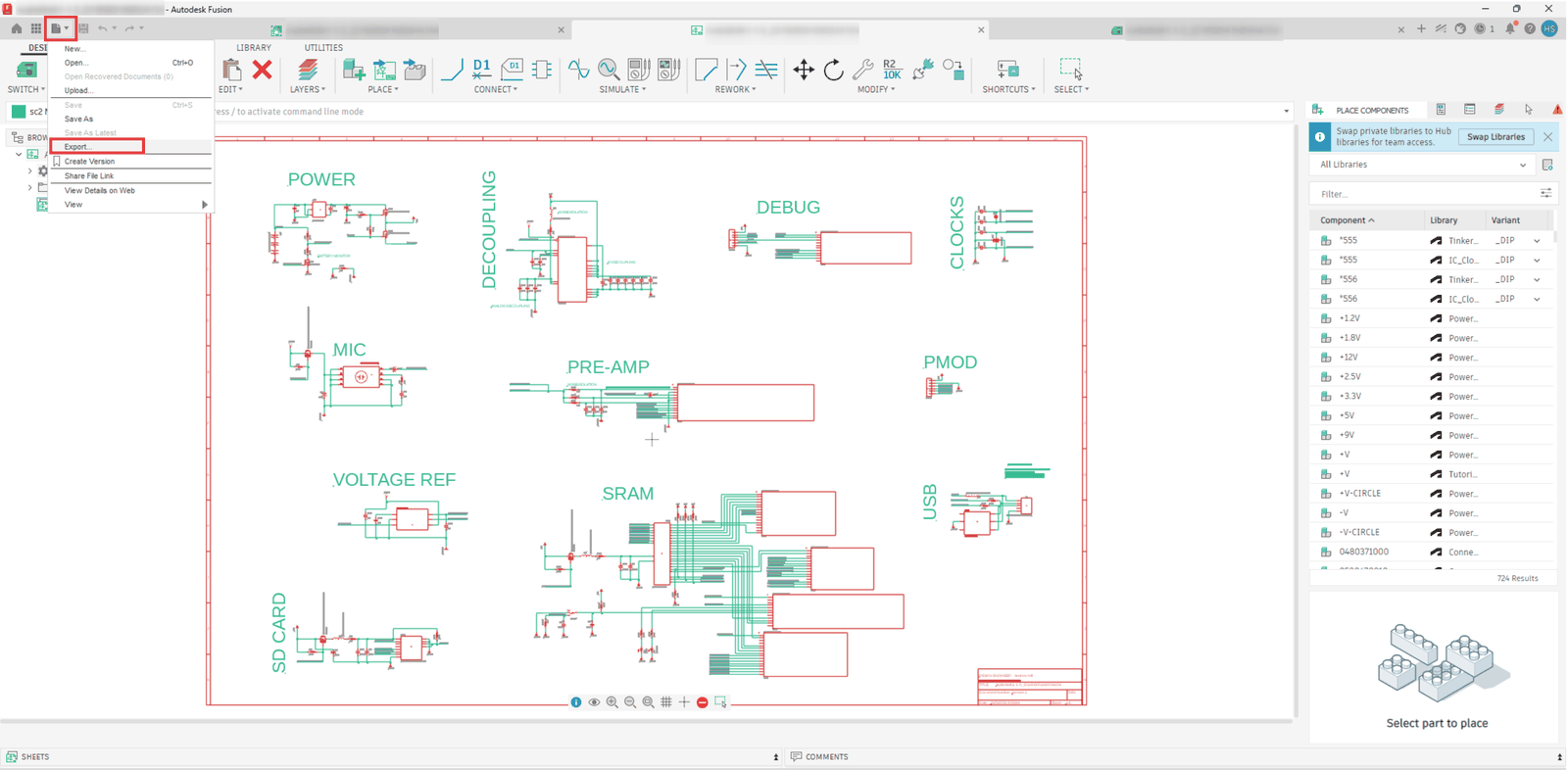 The Export command in the File menu of the Fusion schematic editor
