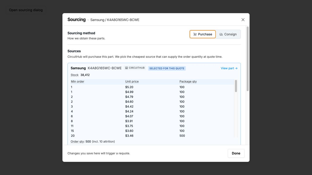 The current purchase sourcing view for an approved part.