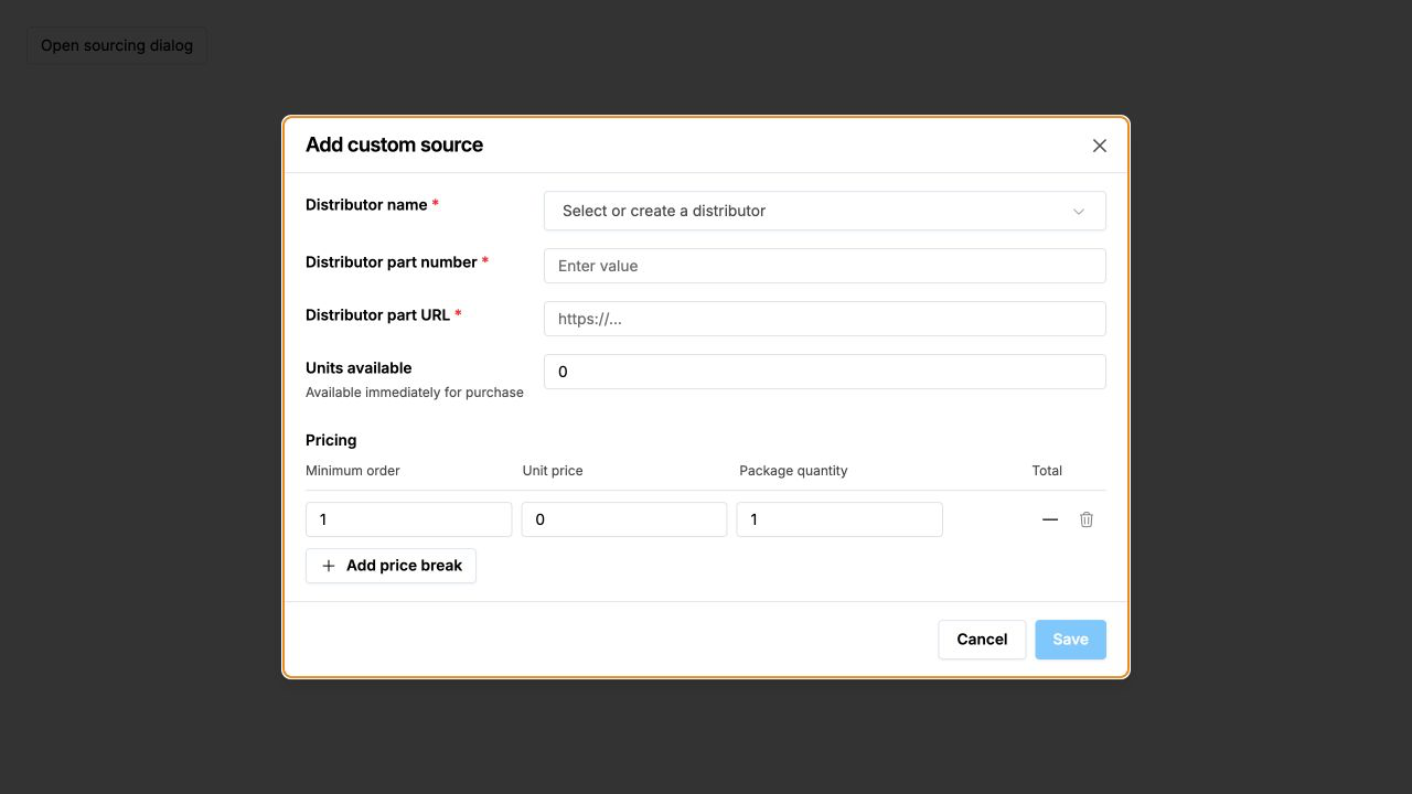 Adding a custom purchasing source for an unavailable part.