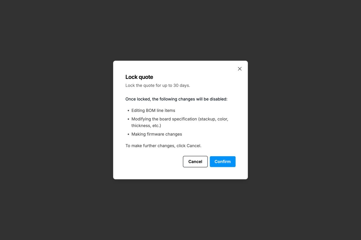 The Lock quote confirmation, explaining that the quote can be locked for up to 30 days.