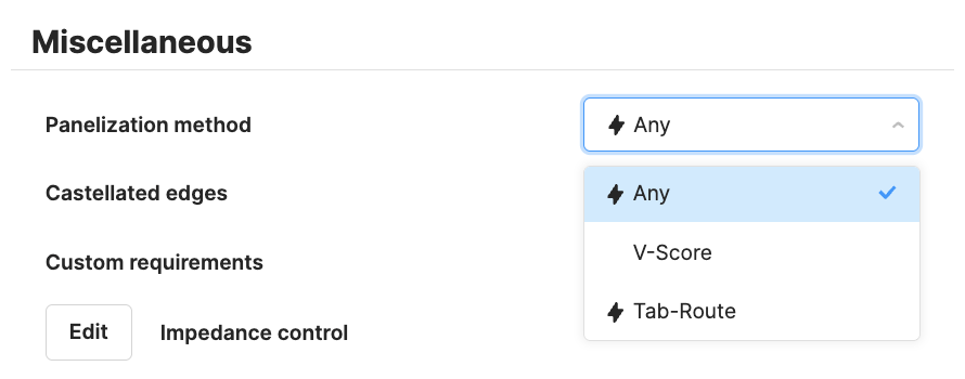 The Panelization method field in the Miscellaneous section of the Board tab.
