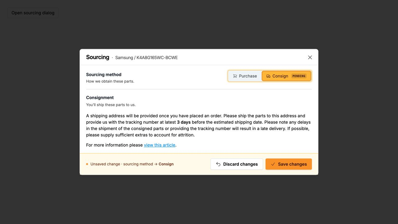 Switching the sourcing method from Purchase to Consign.